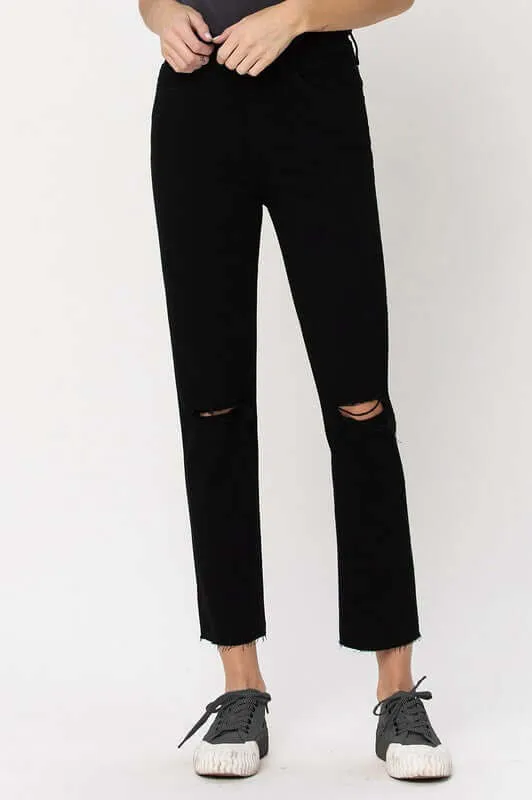 Black High Rise Straight Distressed Jeans