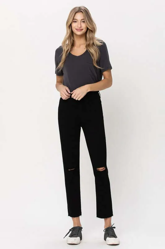Black High Rise Straight Distressed Jeans
