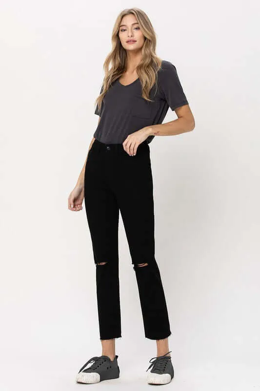 Black High Rise Straight Distressed Jeans