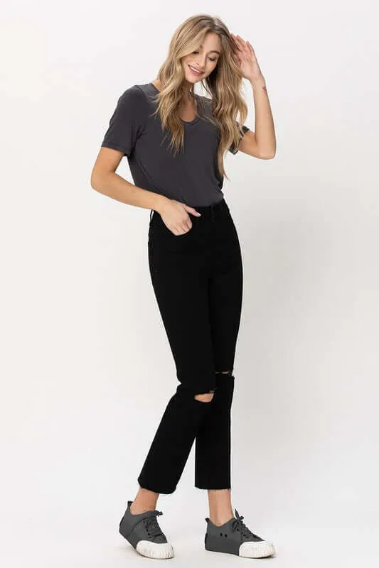 Black High Rise Straight Distressed Jeans