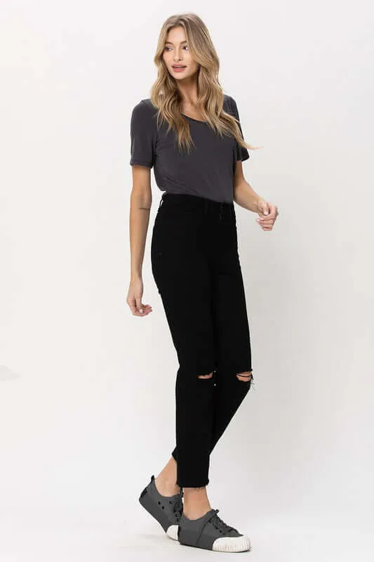 Black High Rise Straight Distressed Jeans