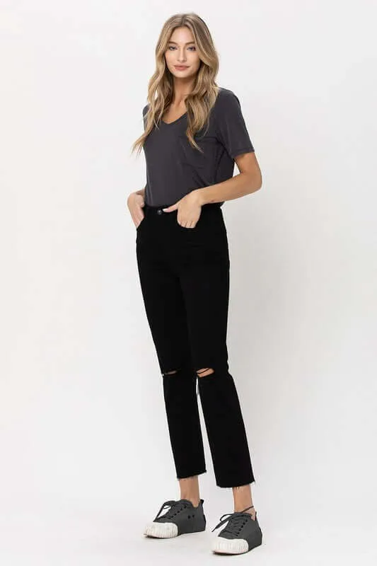 Black High Rise Straight Distressed Jeans
