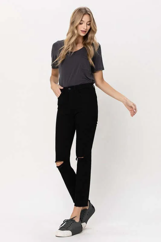 Black High Rise Straight Distressed Jeans