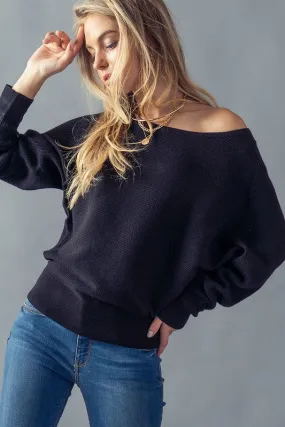 Black Rib Knit Off the Shoulder Sweater