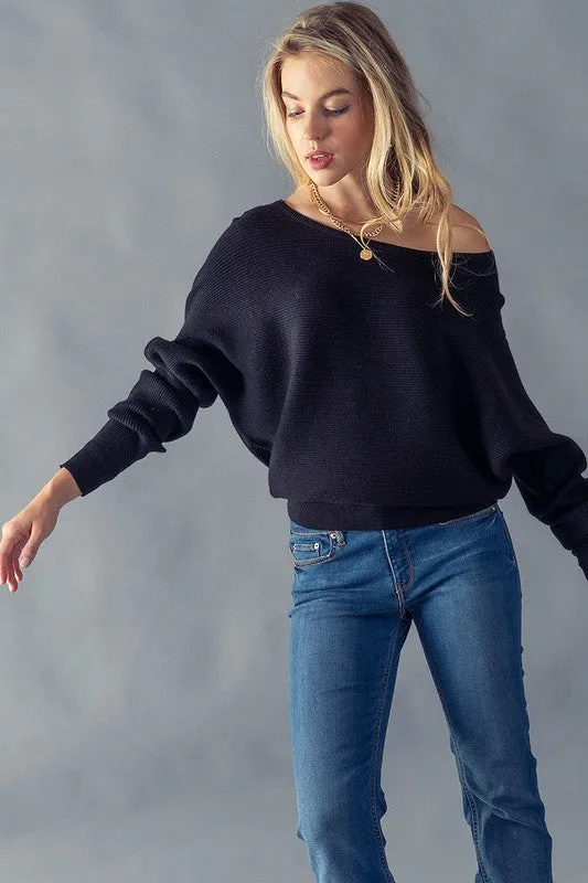 Black Rib Knit Off the Shoulder Sweater