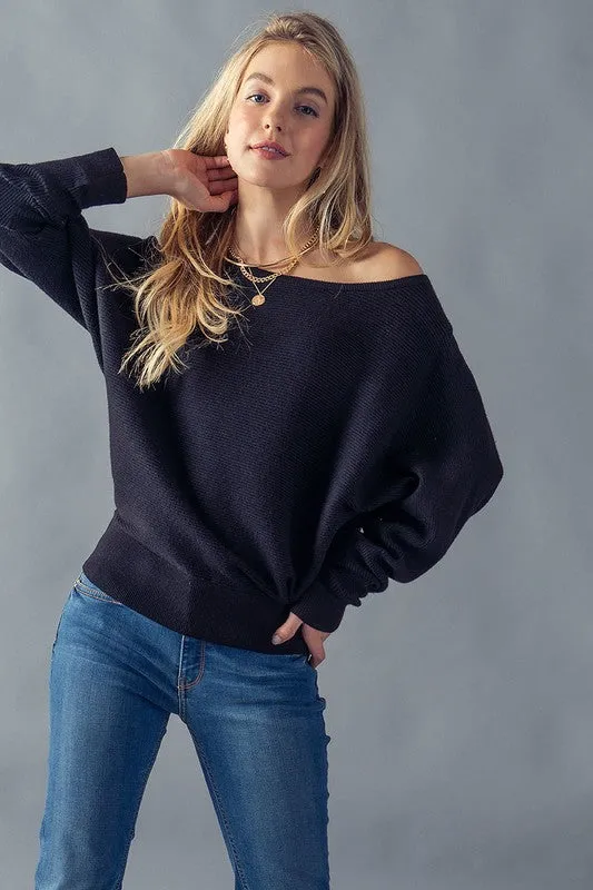 Black Rib Knit Off the Shoulder Sweater