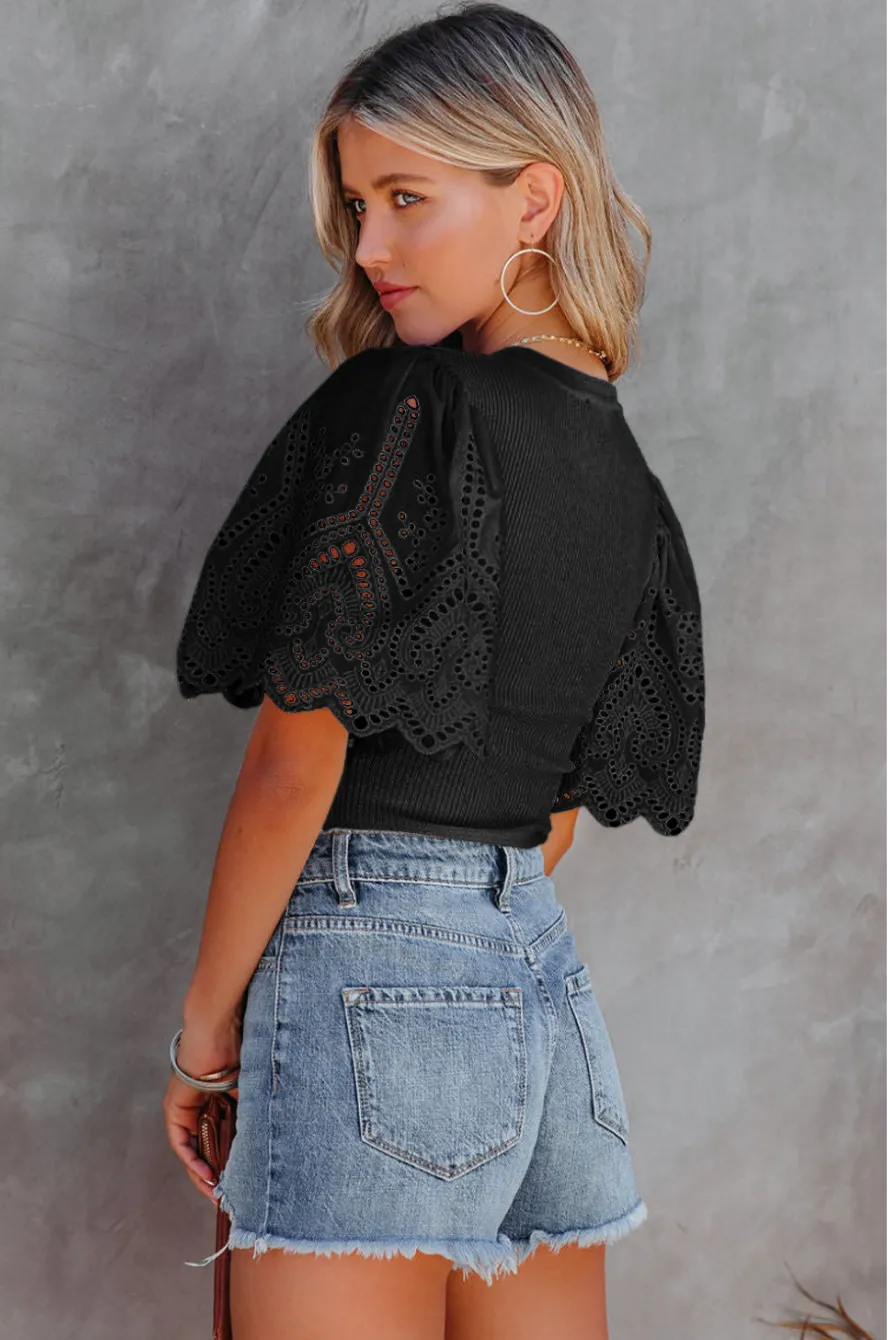 Black Scalloped Eyelet Sleeve Ribbed Knit Top