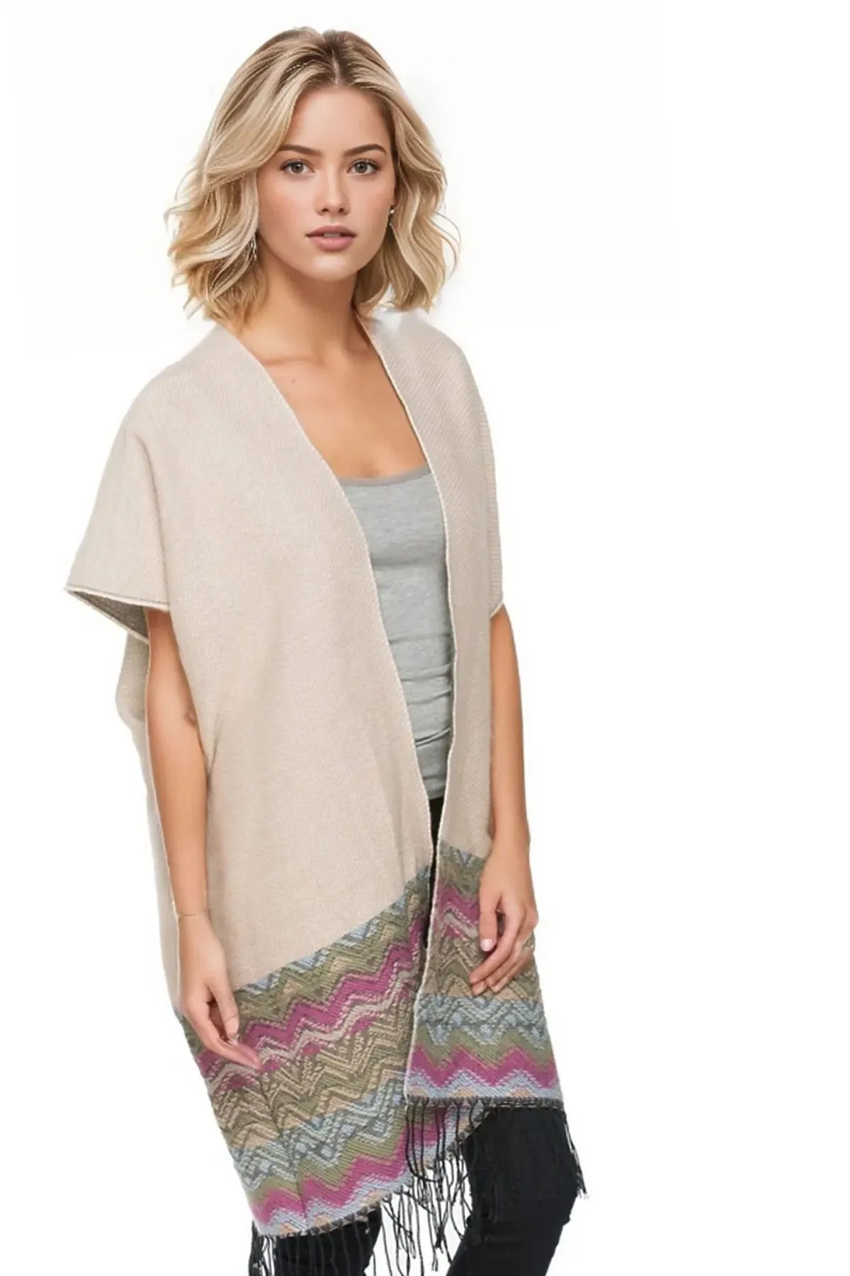 Blanket Winter Kimono in Colored Border Loomed Flannel Fabric