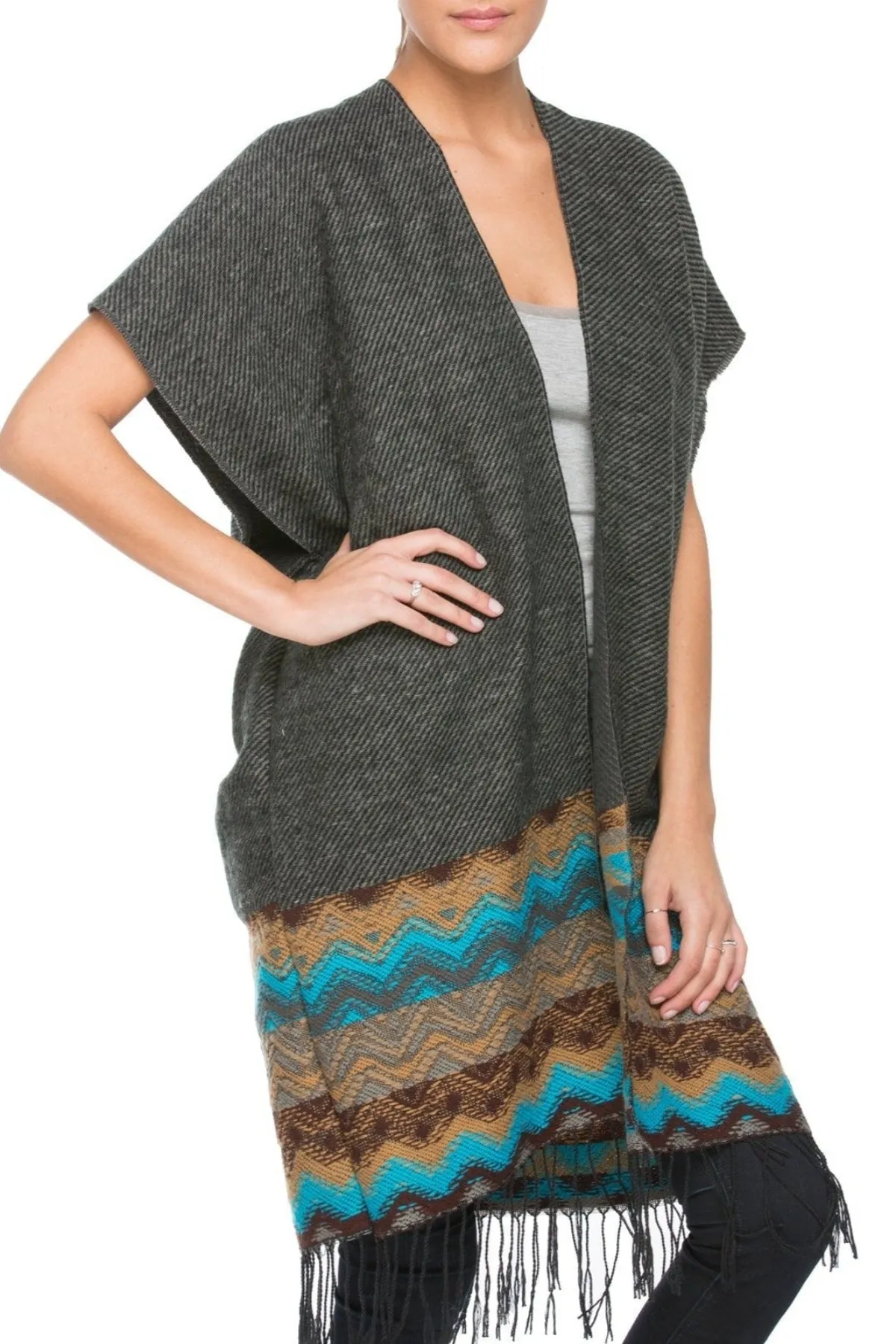 Blanket Winter Kimono in Colored Border Loomed Flannel Fabric