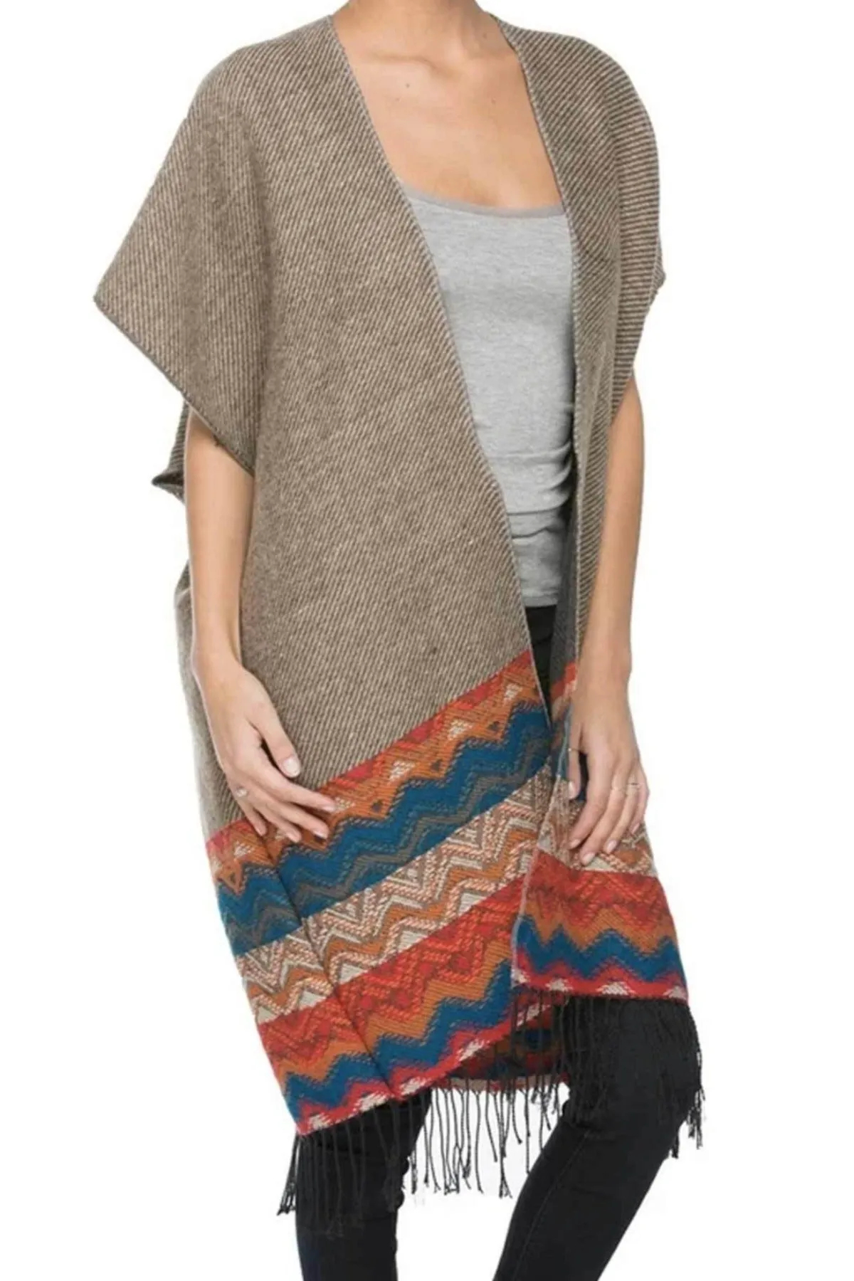 Blanket Winter Kimono in Colored Border Loomed Flannel Fabric