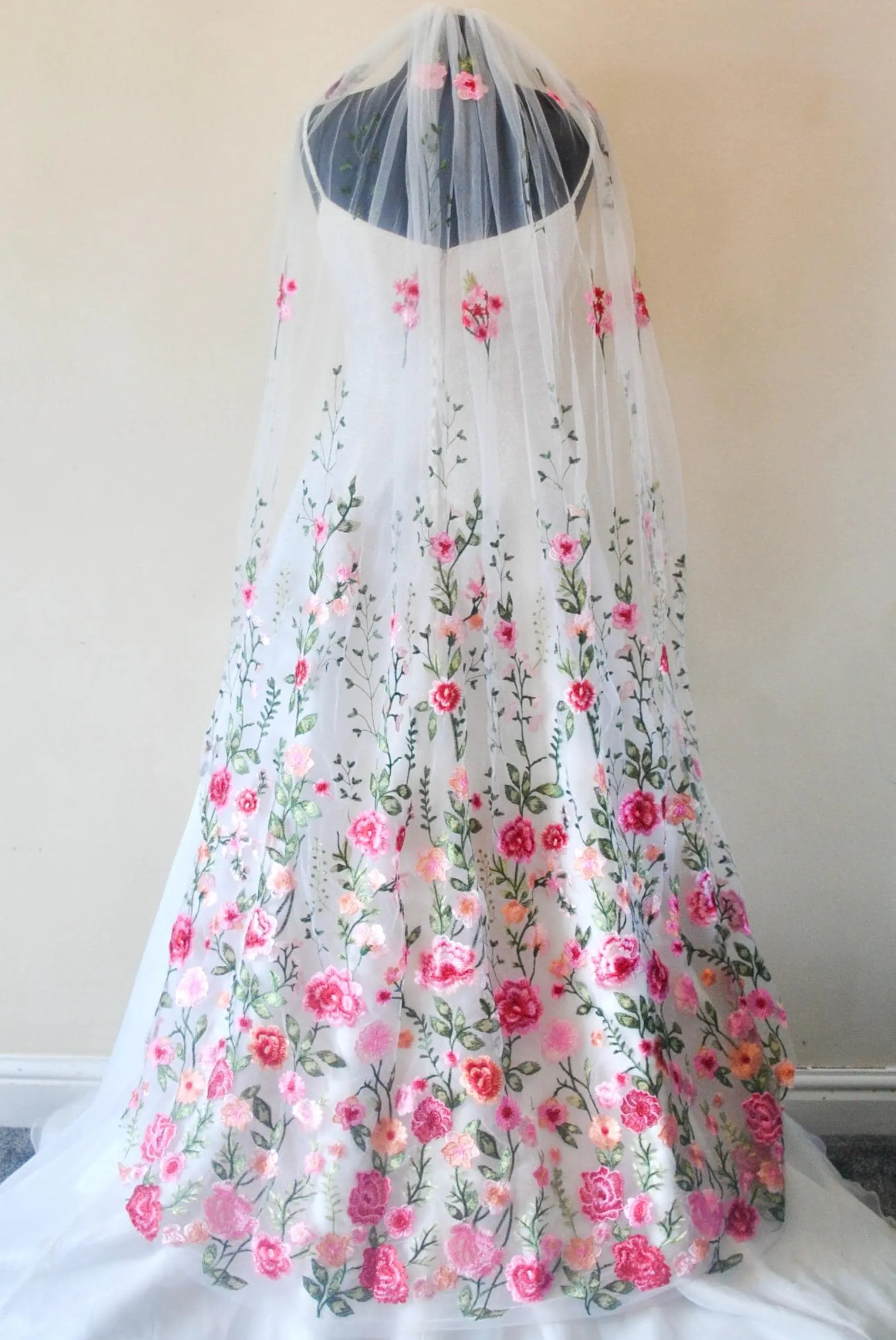 Bright Rose Embroidered Bridal Veil,