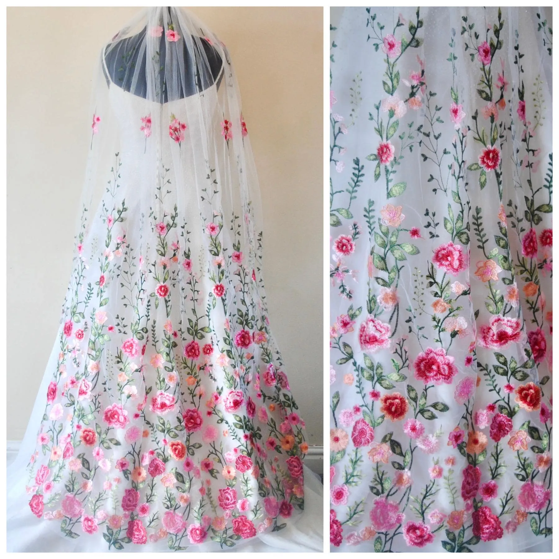 Bright Rose Embroidered Bridal Veil,
