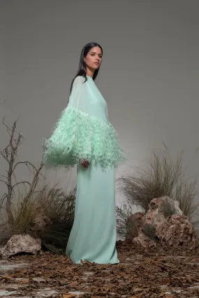 Cape Column Dress with Feathers