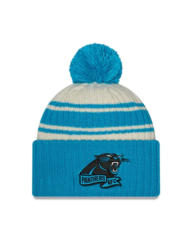 Carolina Panthers New Era 2022 Sideline - Sport Cuffed Pom Knit Hat - Cream/Blue