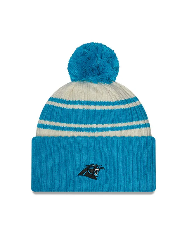 Carolina Panthers New Era 2022 Sideline - Sport Cuffed Pom Knit Hat - Cream/Blue