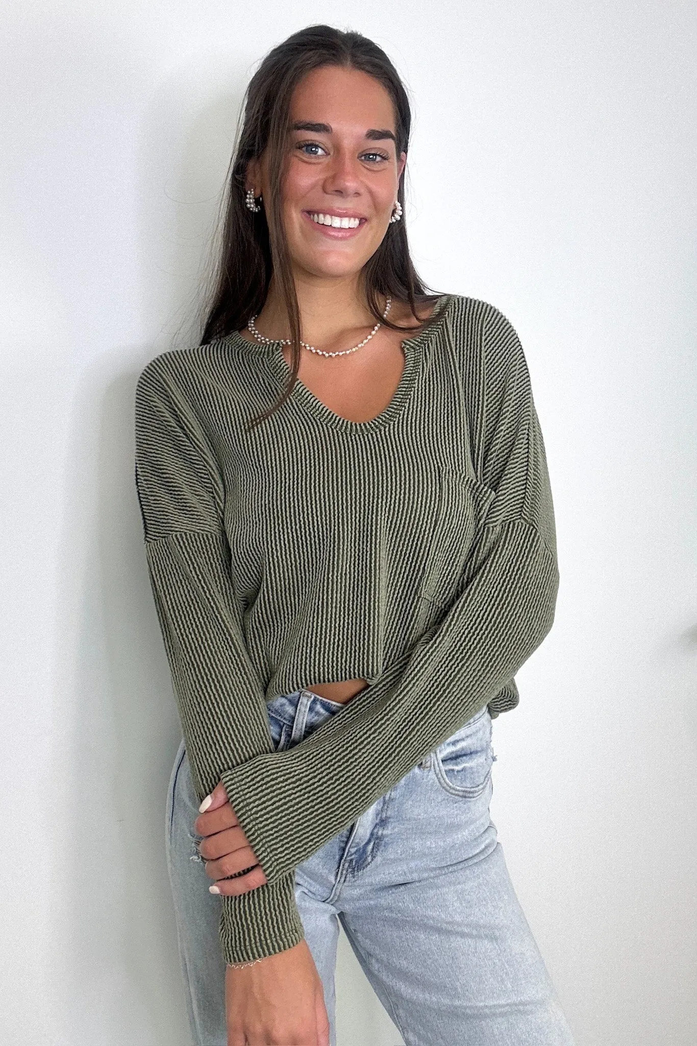 Casual Chic Rib Knit Patch Pocket V-Neck Top