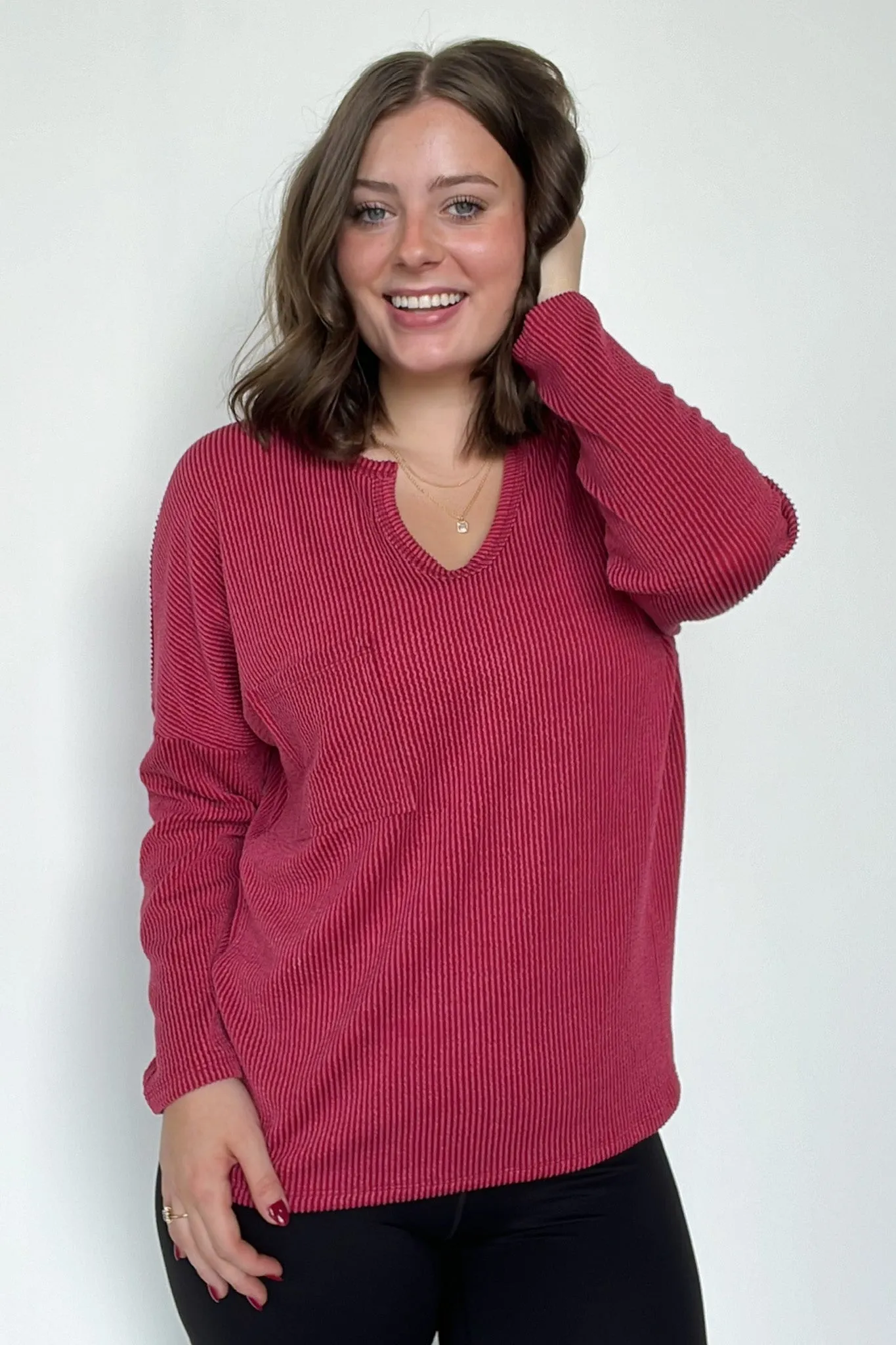 Casual Chic Rib Knit Patch Pocket V-Neck Top