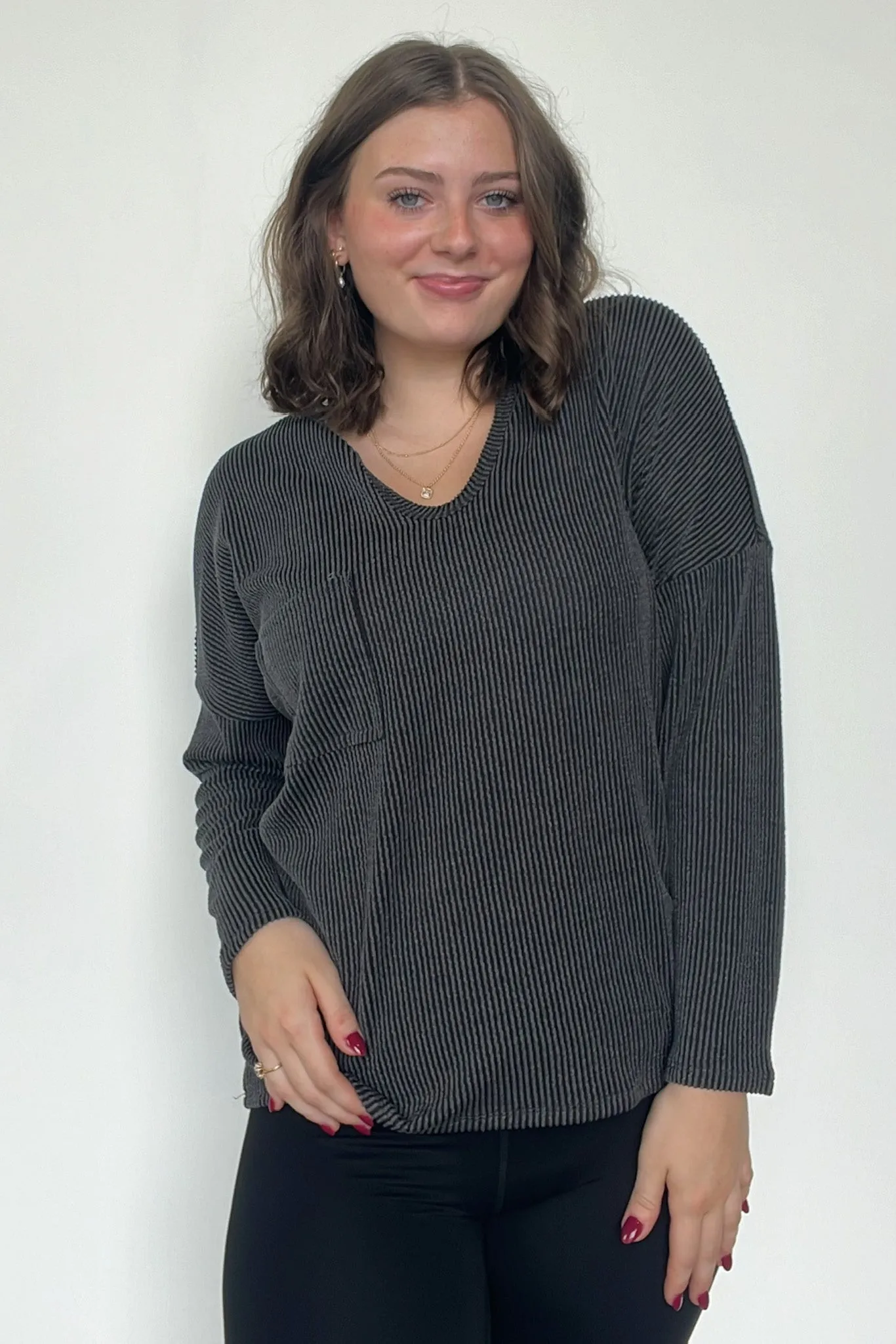 Casual Chic Rib Knit Patch Pocket V-Neck Top