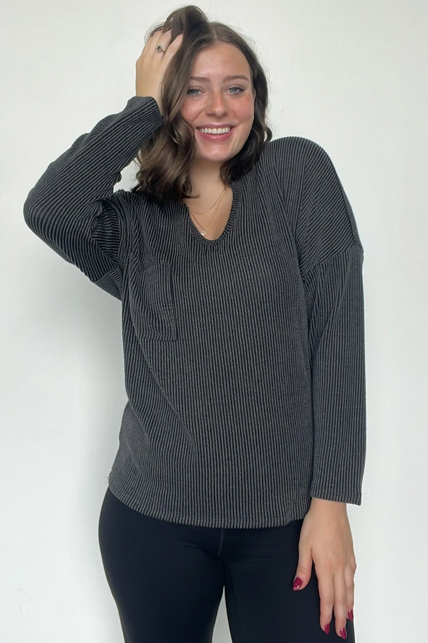 Casual Chic Rib Knit Patch Pocket V-Neck Top