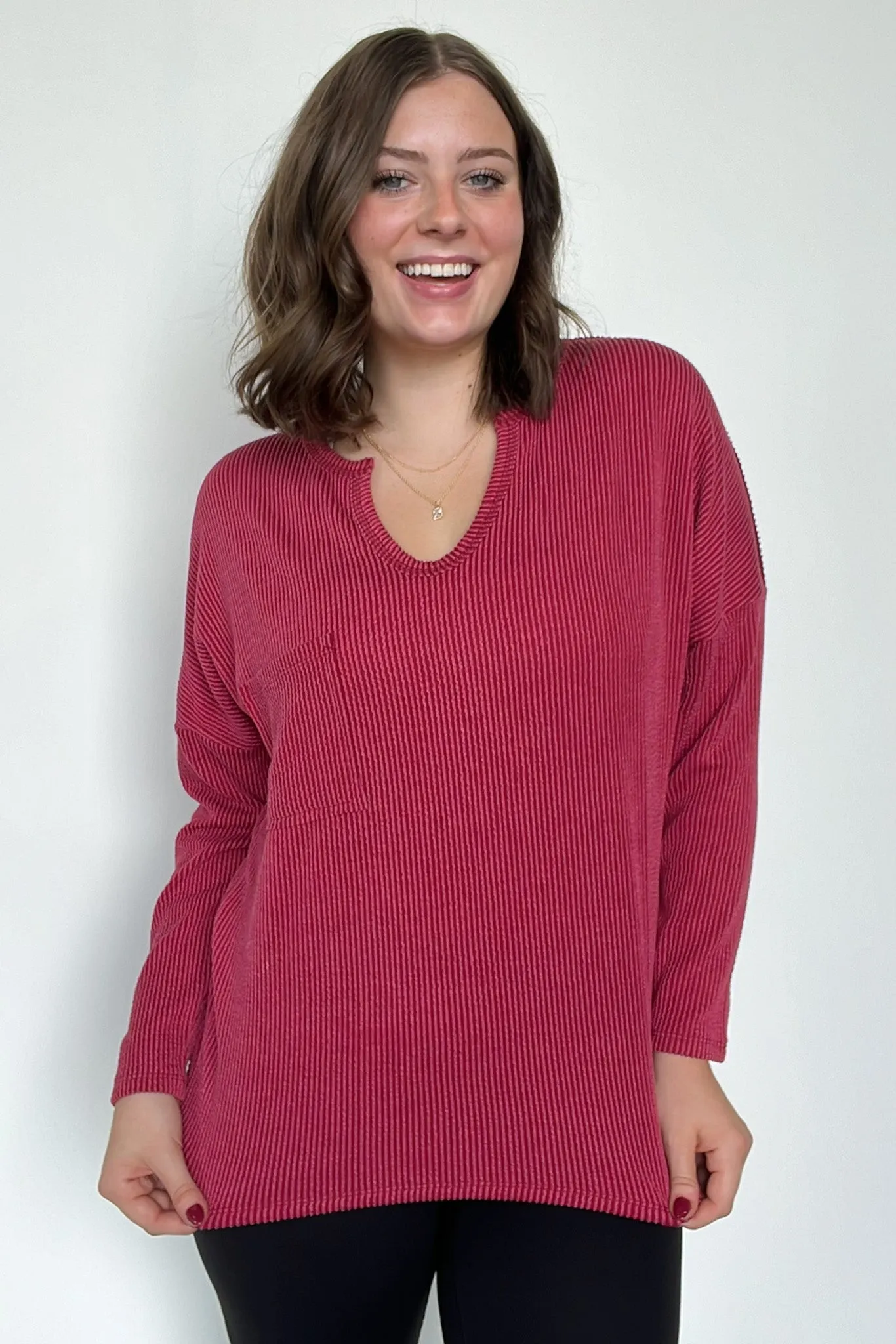 Casual Chic Rib Knit Patch Pocket V-Neck Top