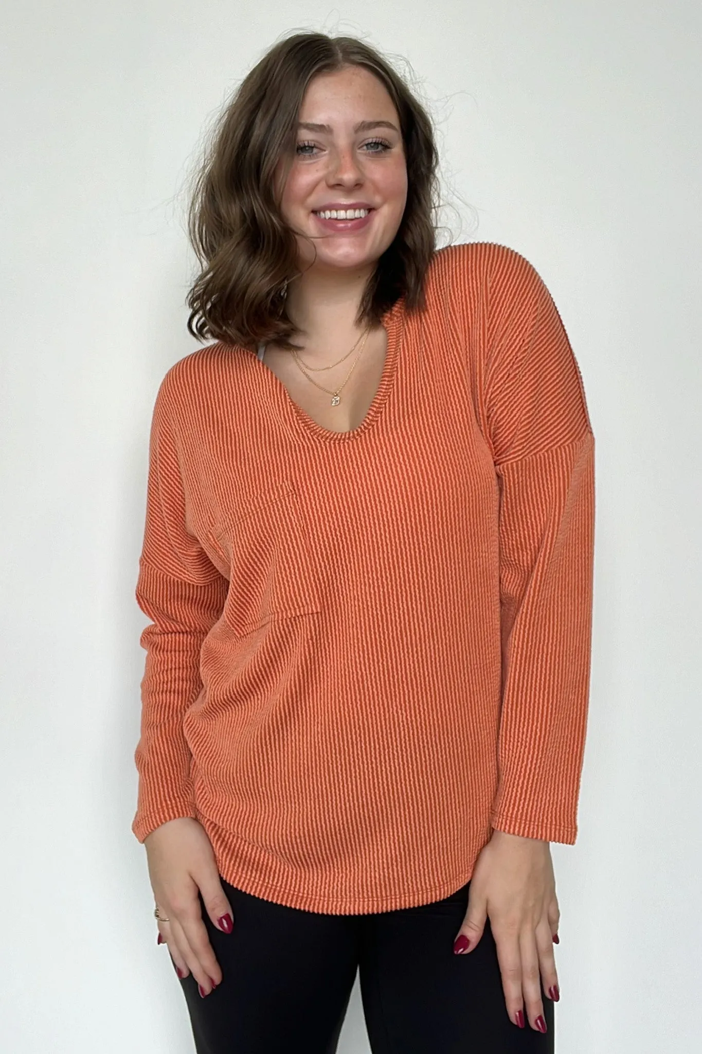 Casual Chic Rib Knit Patch Pocket V-Neck Top