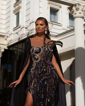 Celestienne Black Dress with Cape and Stones