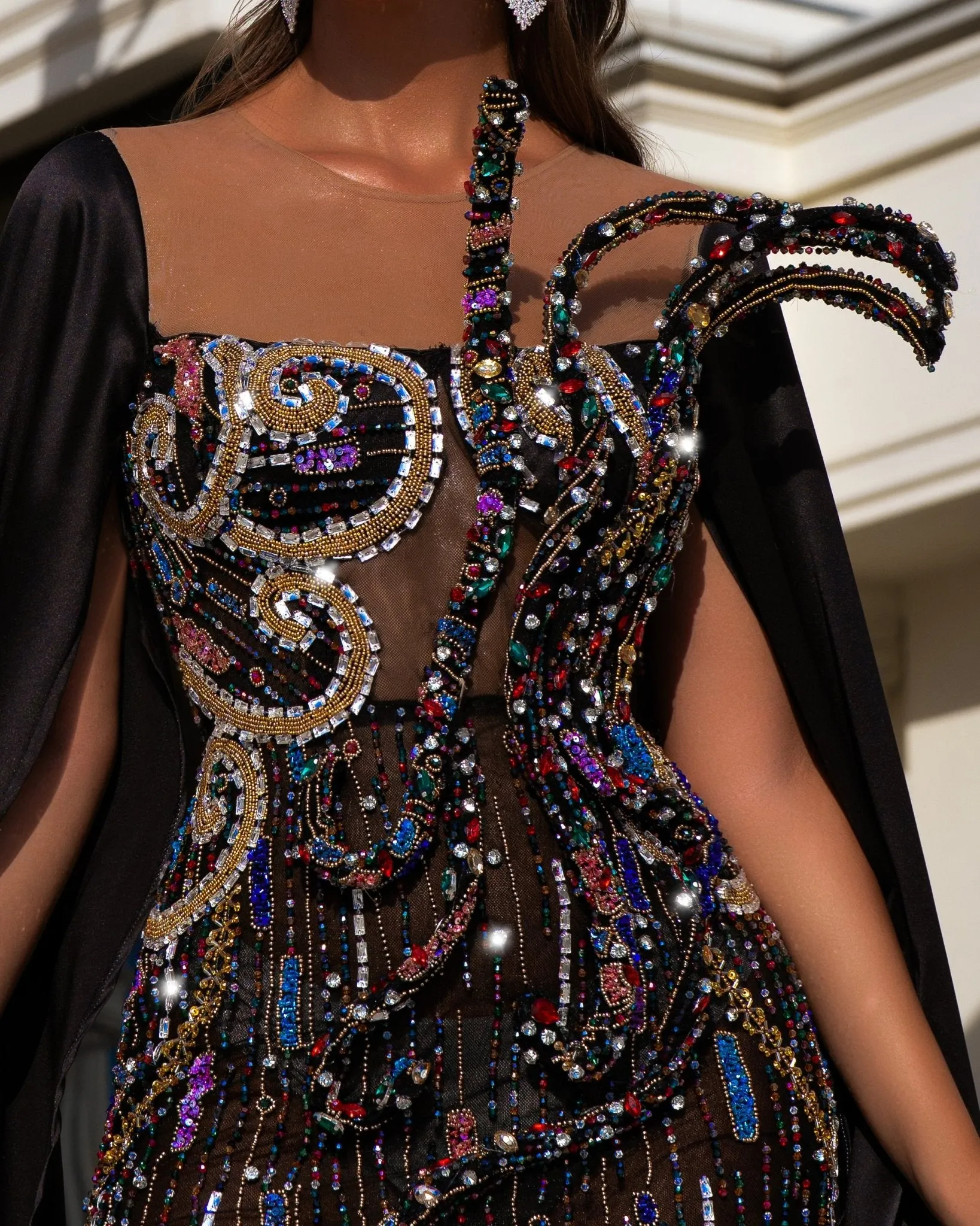 Celestienne Black Dress with Cape and Stones