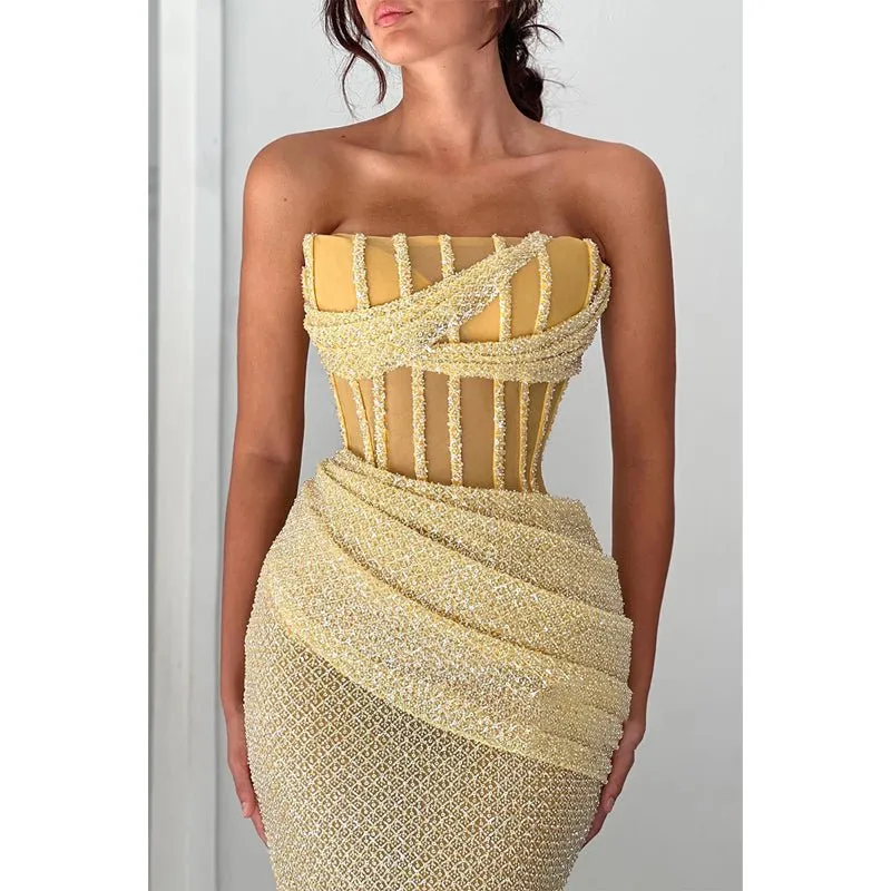 Chic Strapless Beaded Embroidery Pleats Sheer Long Prom Evening Dress