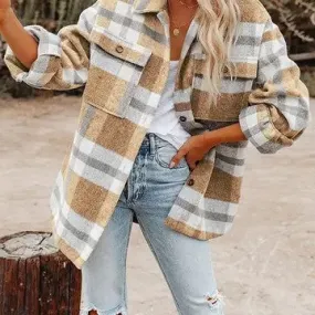 Cool Autumn Days Plus Khaki Flannel Plaid Shacket