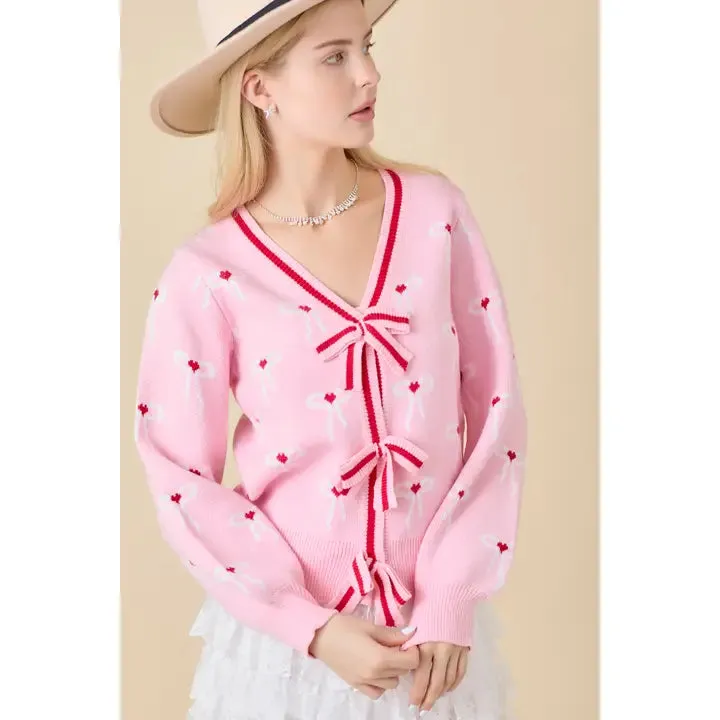 Coquette Sweater Knit Cardigan with Ribbon Bow Detail