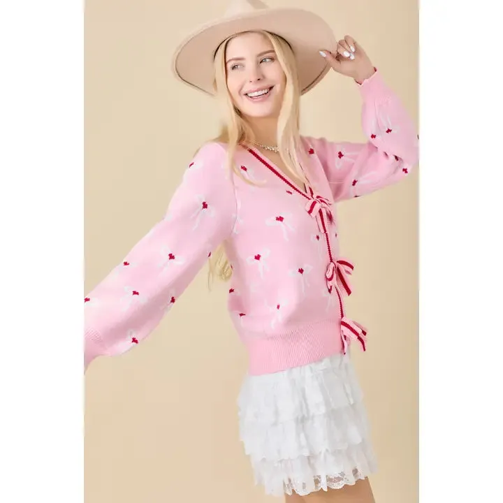 Coquette Sweater Knit Cardigan with Ribbon Bow Detail