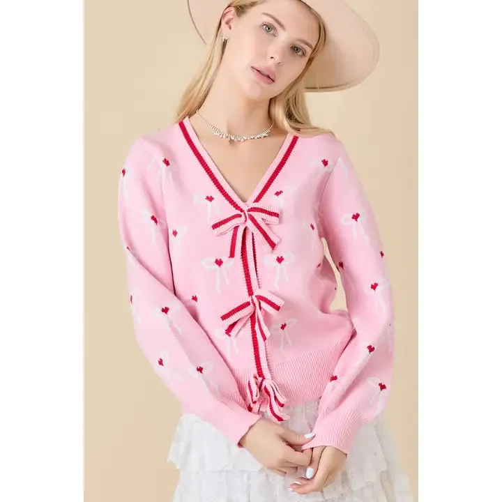 Coquette Sweater Knit Cardigan with Ribbon Bow Detail
