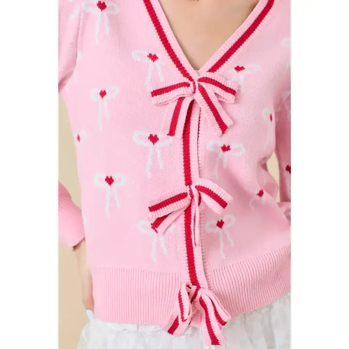 Coquette Sweater Knit Cardigan with Ribbon Bow Detail