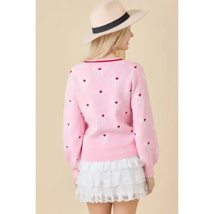 Coquette Sweater Knit Cardigan with Ribbon Bow Detail