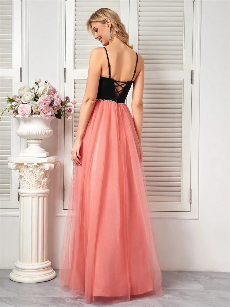 Elegant Mesh Stick on Crystals Stitching Party Evening Dress
