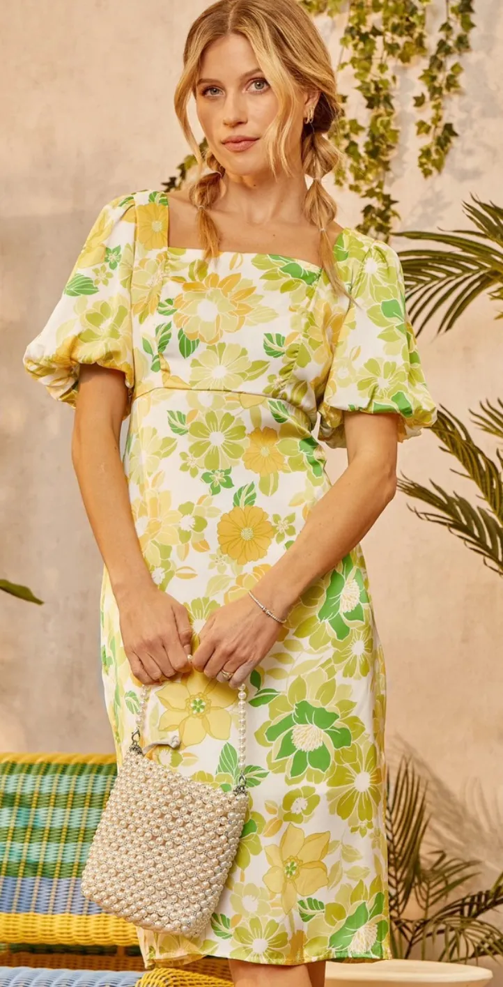 Final Sale - Lemon & Lime Floral Satin Dress - See Measurements