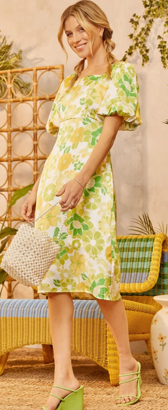 Final Sale - Lemon & Lime Floral Satin Dress - See Measurements