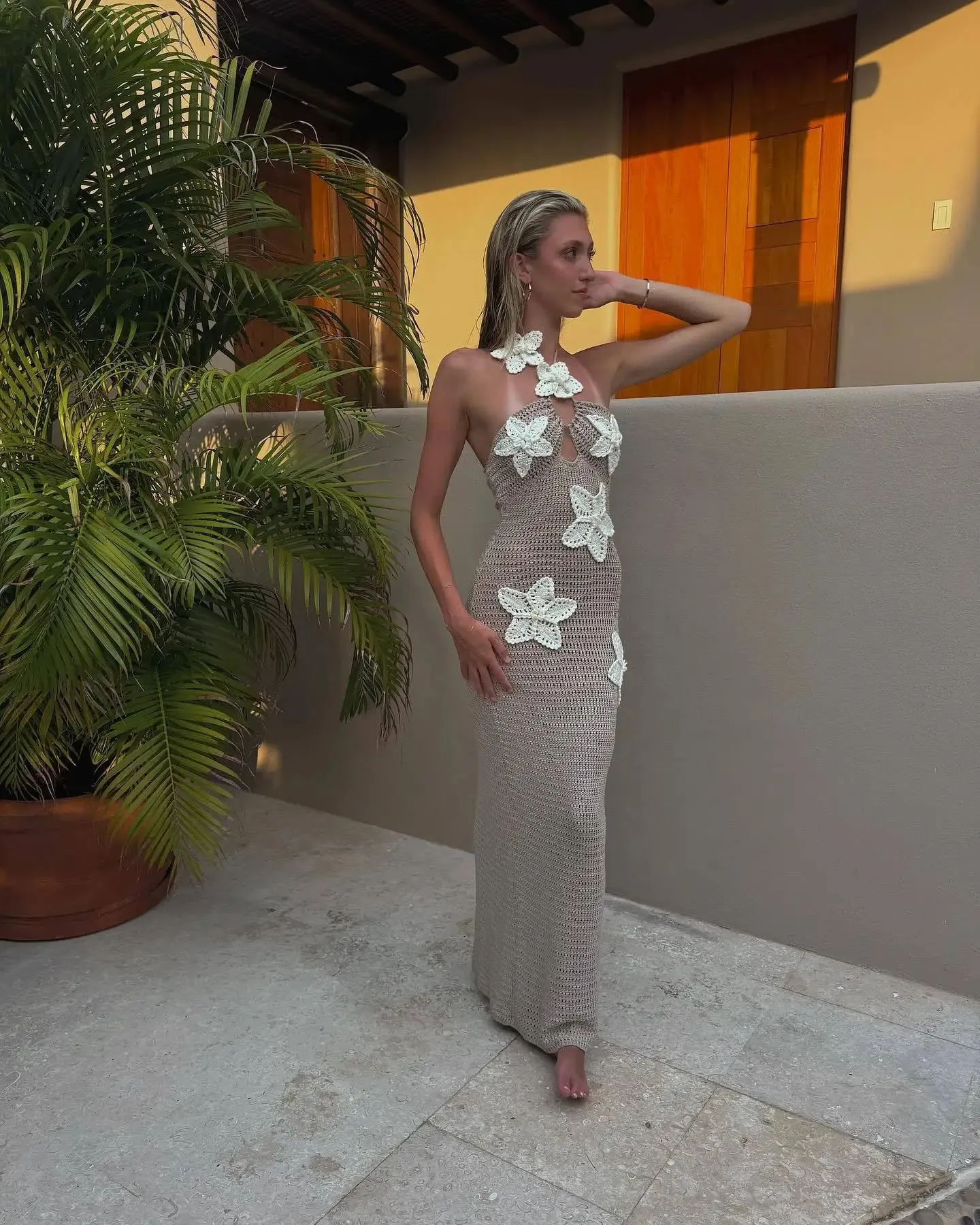 Floral Halter Maxi Dress Summer Splice Backless Design