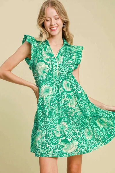 Floral Melody Ruffle Sleeve Babydoll Dress in Green