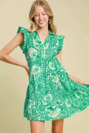 Floral Melody Ruffle Sleeve Babydoll Dress in Green