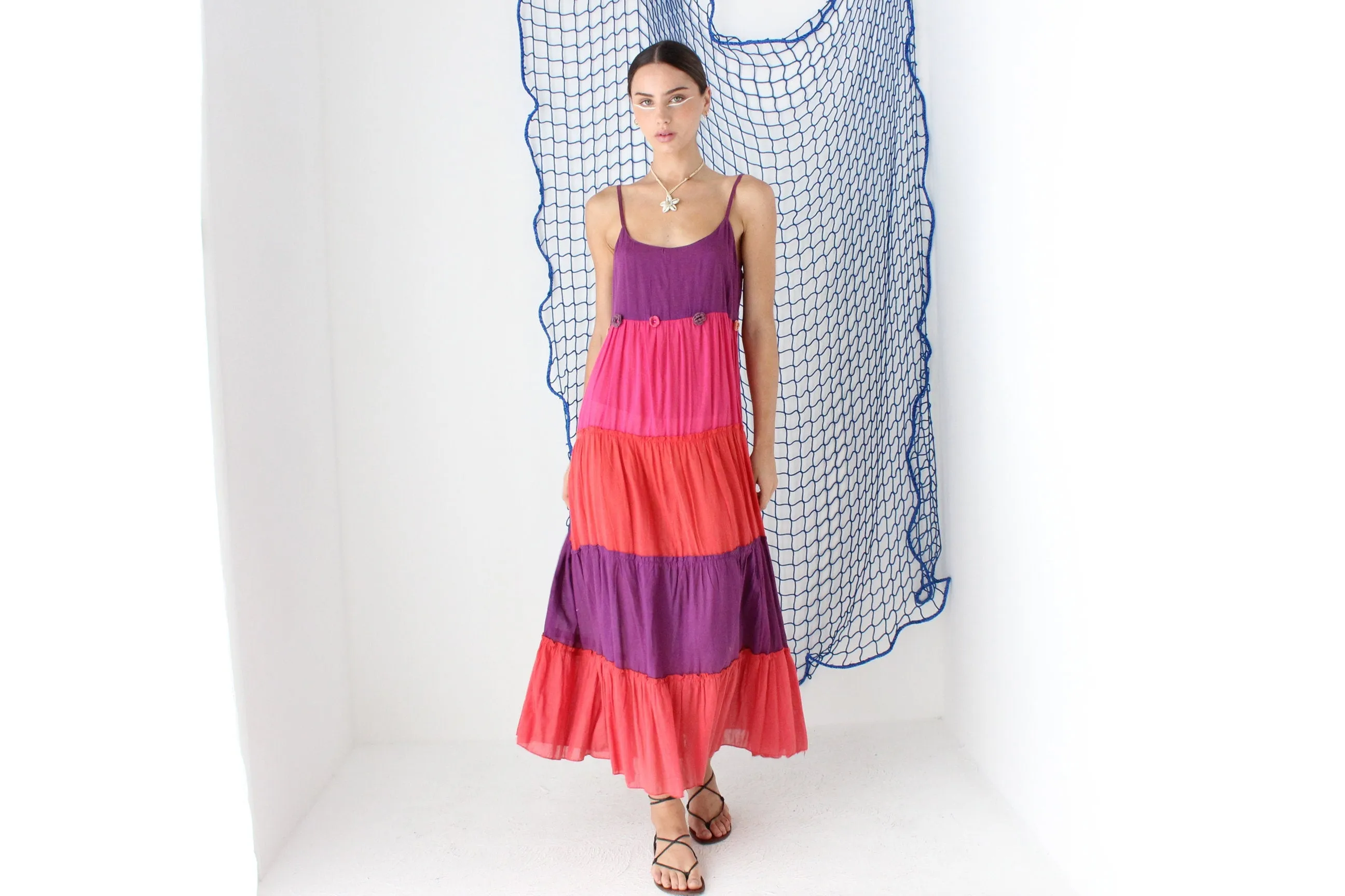 FOUND IN GREECE 90s Tiered Cotton Gauze Dress