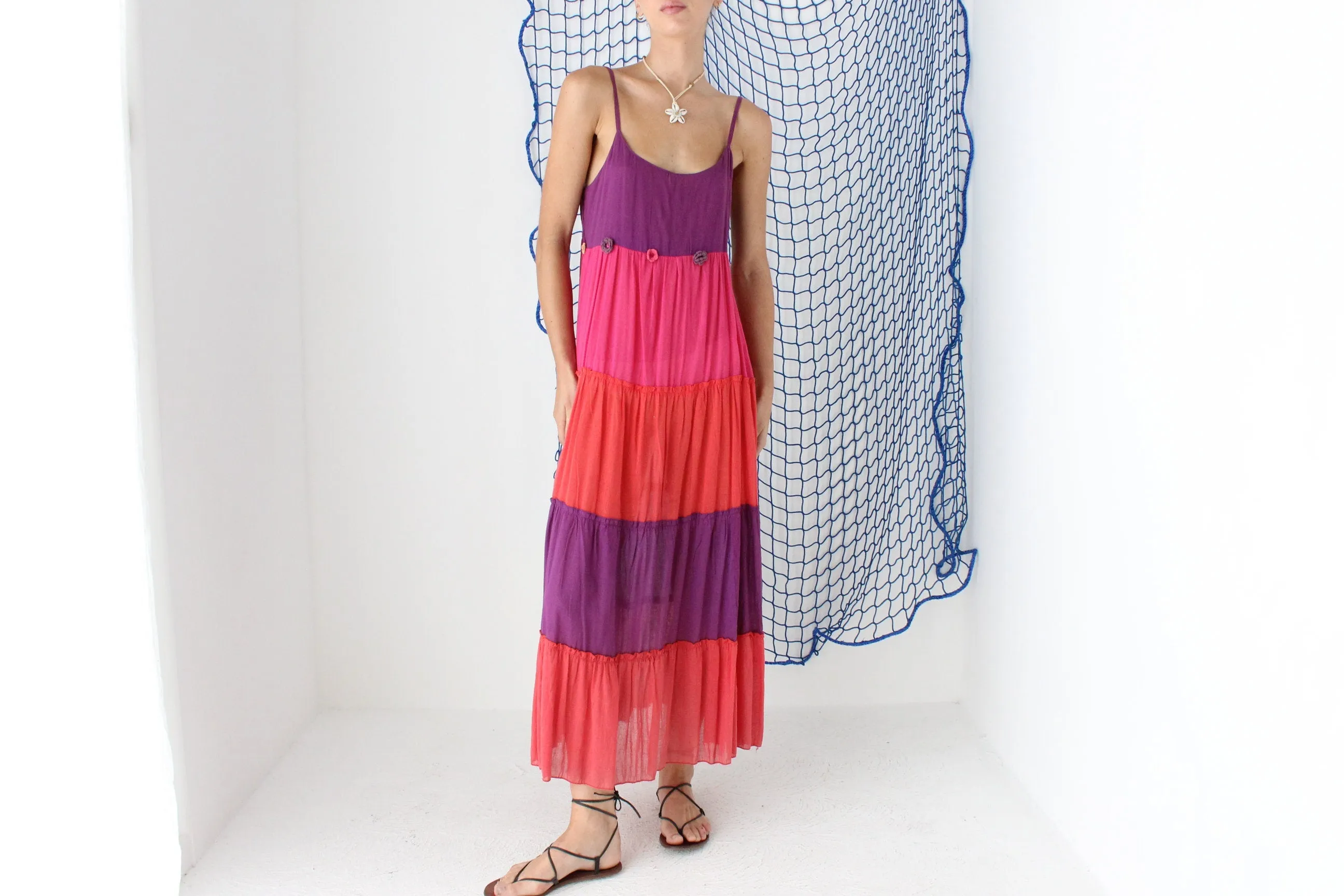 FOUND IN GREECE 90s Tiered Cotton Gauze Dress
