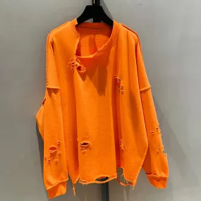 Hole Hollow Out Sweatshirt For Women Round Neck Long Sleeve Solid Minimalist Loose Sweatshirts Female Clothing