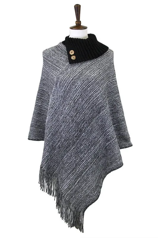 Knitted Fold Over Button Collar Poncho