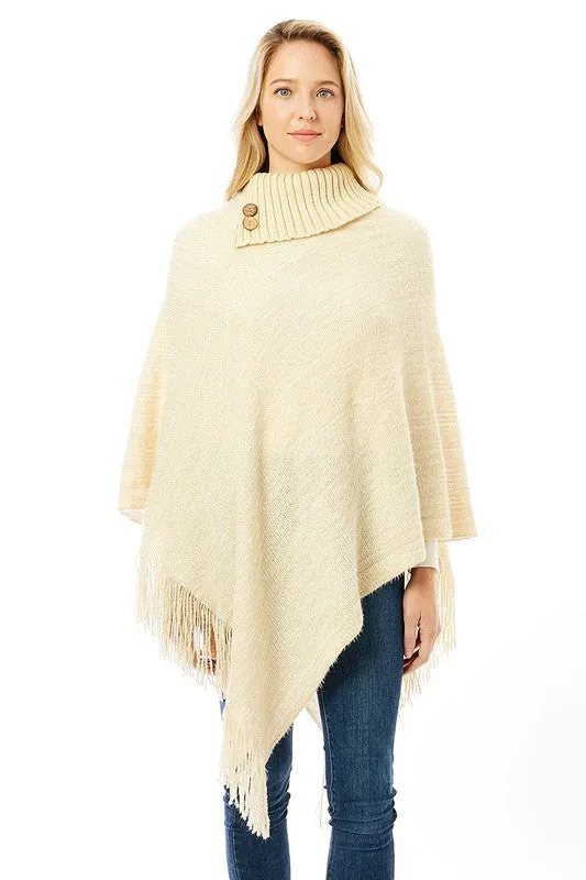 Knitted Fold Over Button Collar Poncho