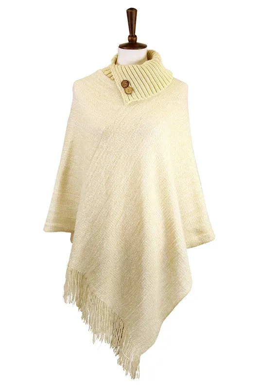 Knitted Fold Over Button Collar Poncho