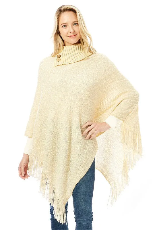 Knitted Fold Over Button Collar Poncho