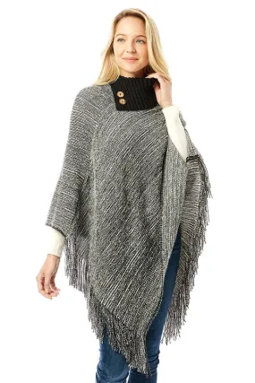 Knitted Fold Over Button Collar Poncho