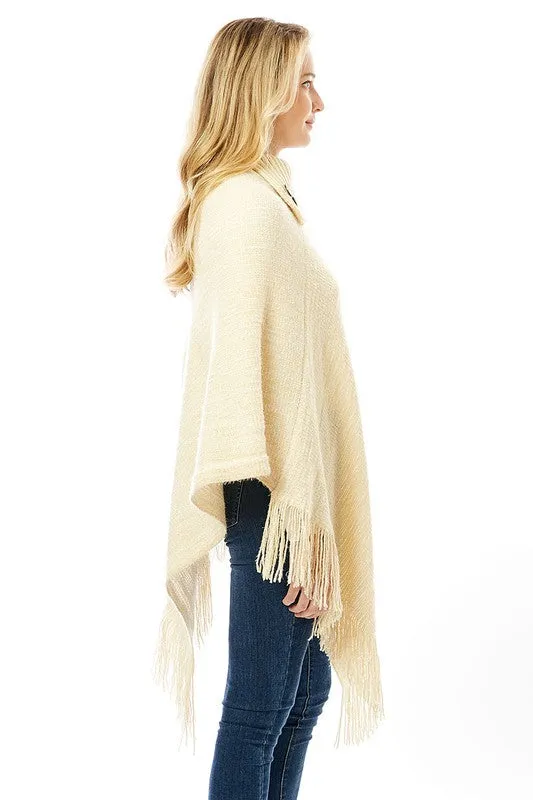Knitted Fold Over Button Collar Poncho