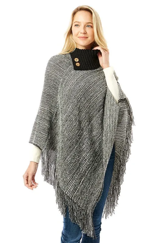 Knitted Fold Over Button Collar Poncho